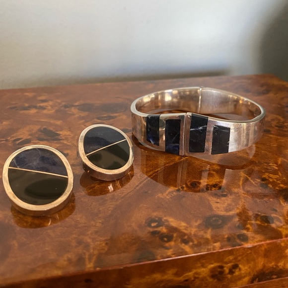 Sterling Jewelry - Sterling Taxco Onyx and Lapiz Clamper Bracelet and Earrings Set